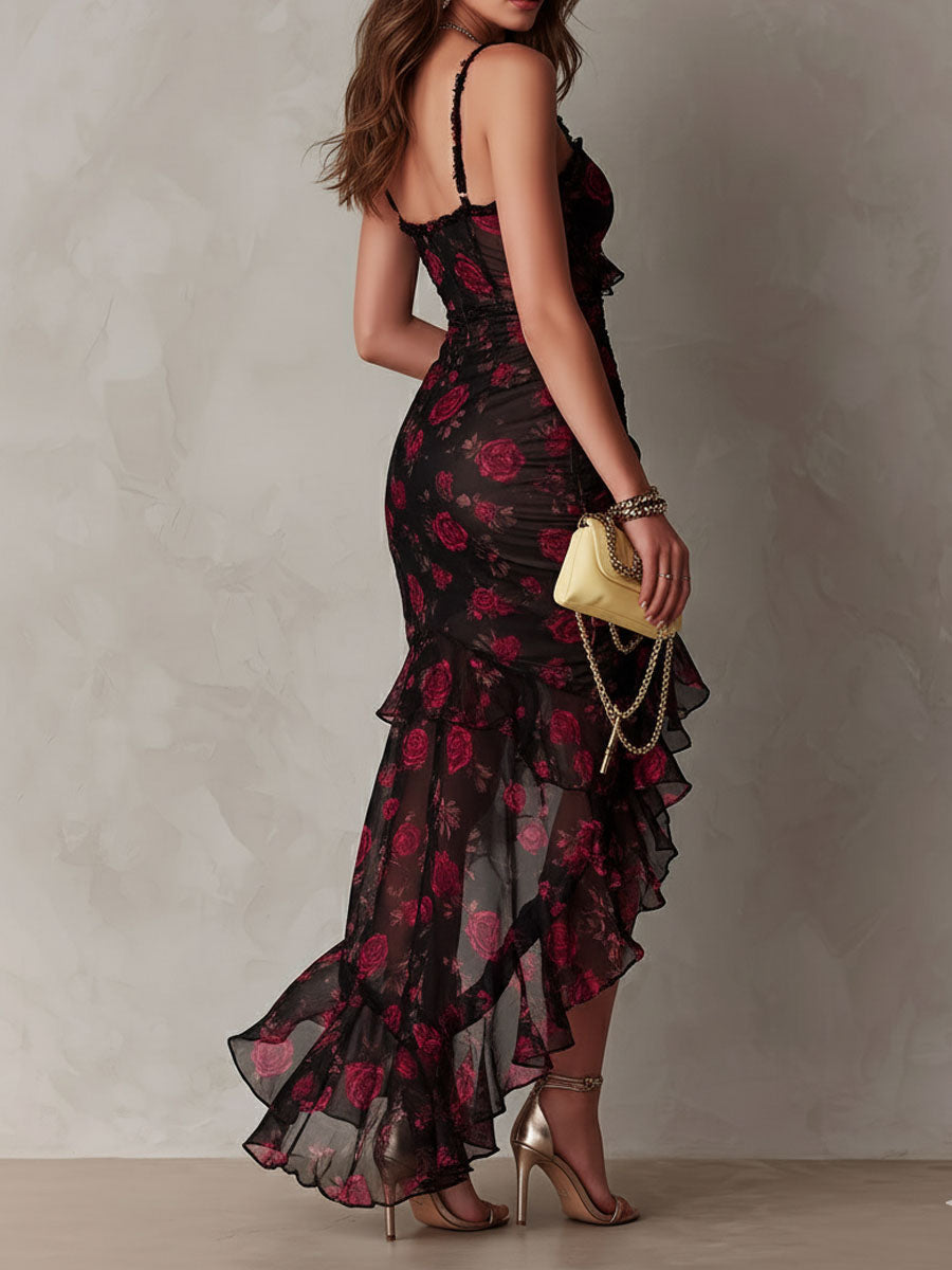 Deyna – Rochie Elegantă cu Imprimeu Floral și Tiv Drapat
