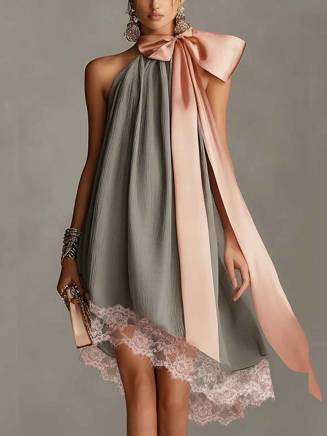Robin – Rochie Mini Din Satin Cu Fundă Roz Și Dantelă