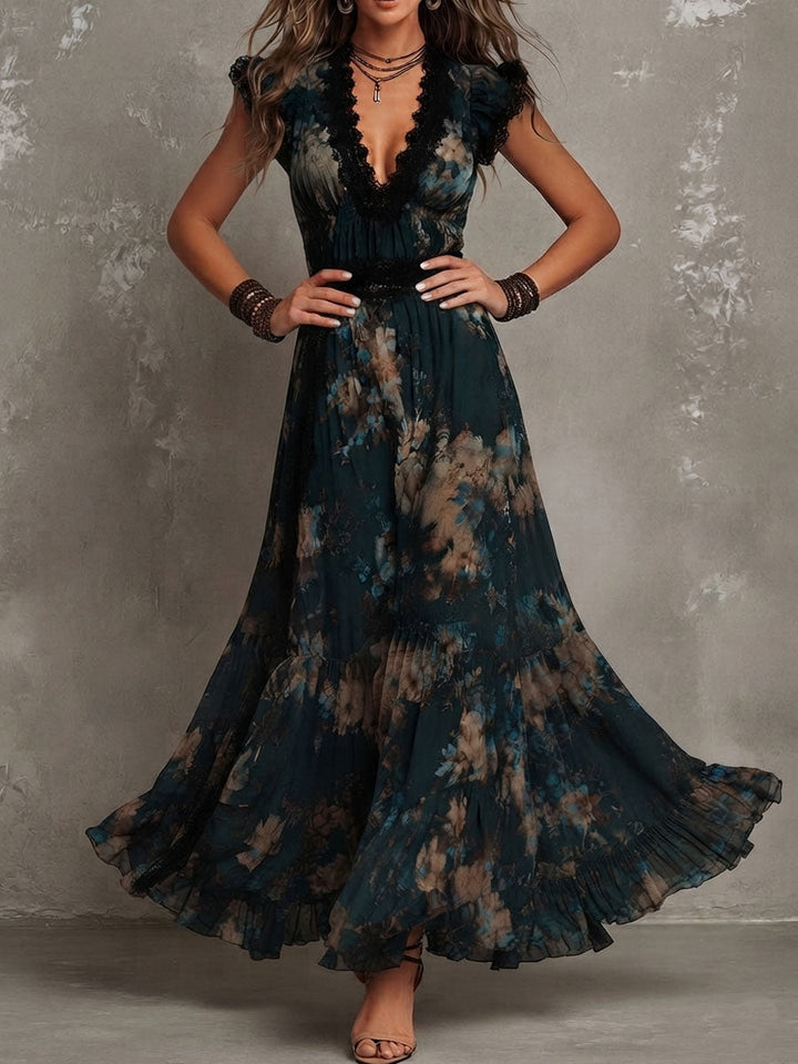 Alime - Rochie Maxi Cu Bordură Din Dantelă Și Imprimeu Floral