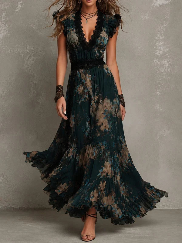 Alime - Rochie Maxi Cu Bordură Din Dantelă Și Imprimeu Floral