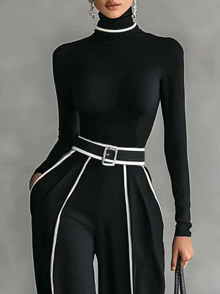 Karyssa - Bluză cu Guler înalt și Pantaloni Largi cu Curea