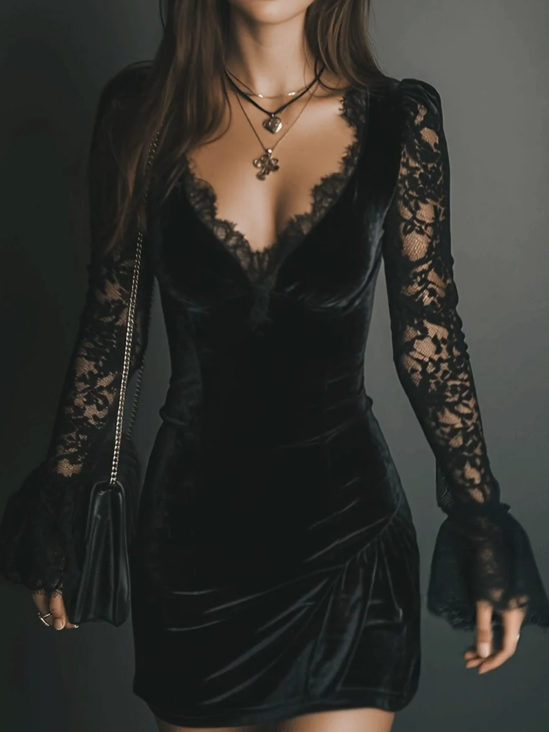 Fiziana - Rochie Mini Din Catifea și Dantelă