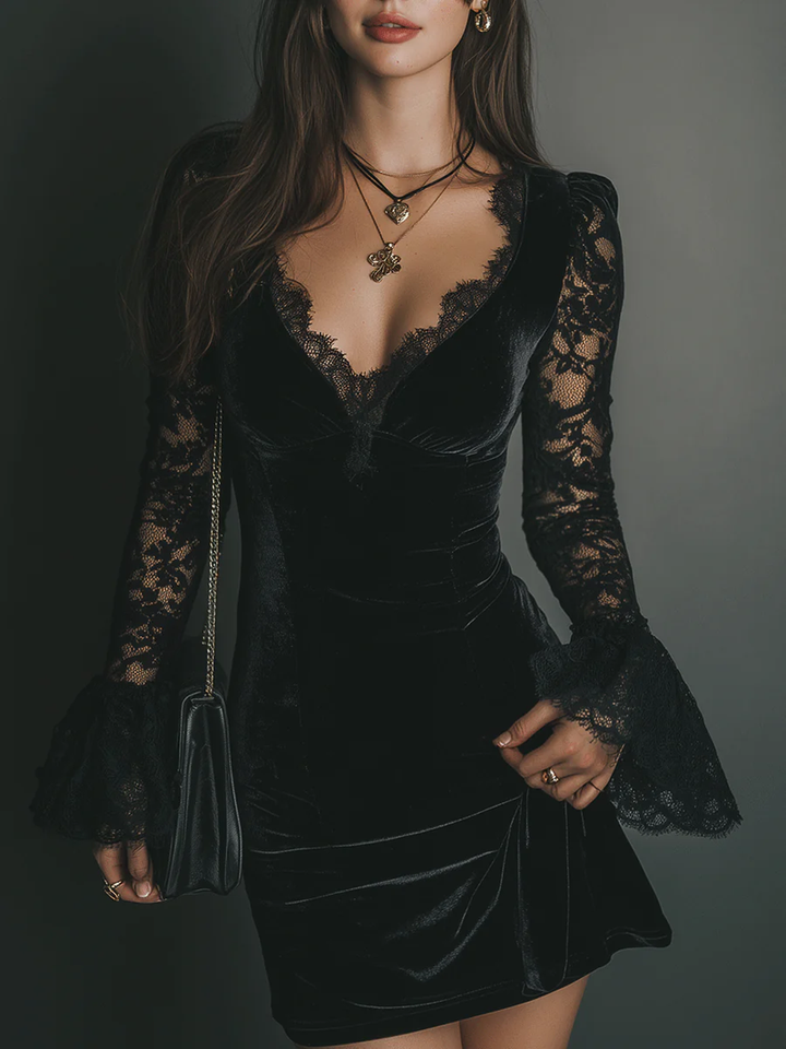Fiziana - Rochie Mini Din Catifea și Dantelă
