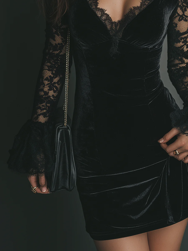 Fiziana - Rochie Mini Din Catifea și Dantelă