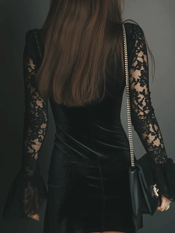 Fiziana - Rochie Mini Din Catifea și Dantelă
