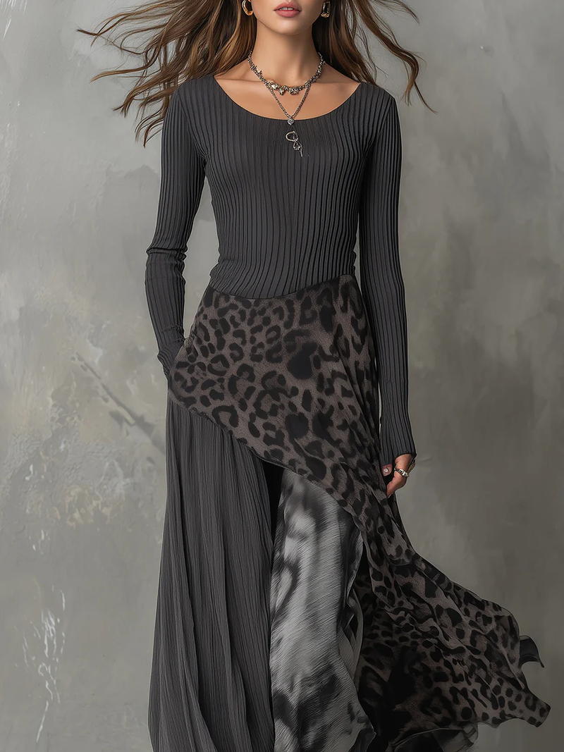Nkem - Rochie maxi cu Imprimeu Leopard și Dungi