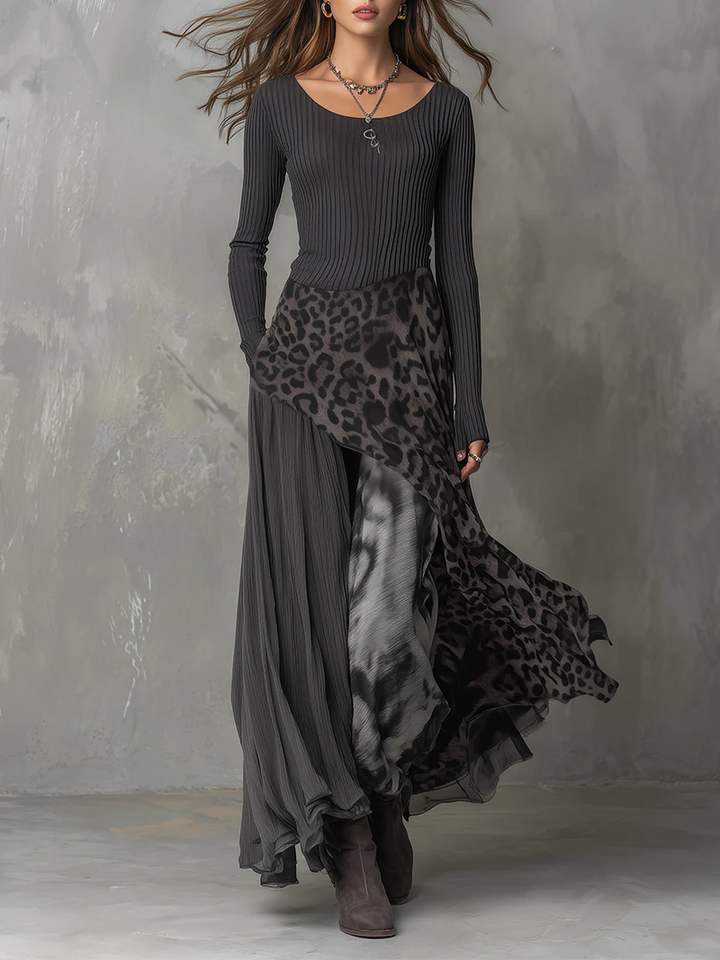 Nkem - Rochie maxi cu Imprimeu Leopard și Dungi