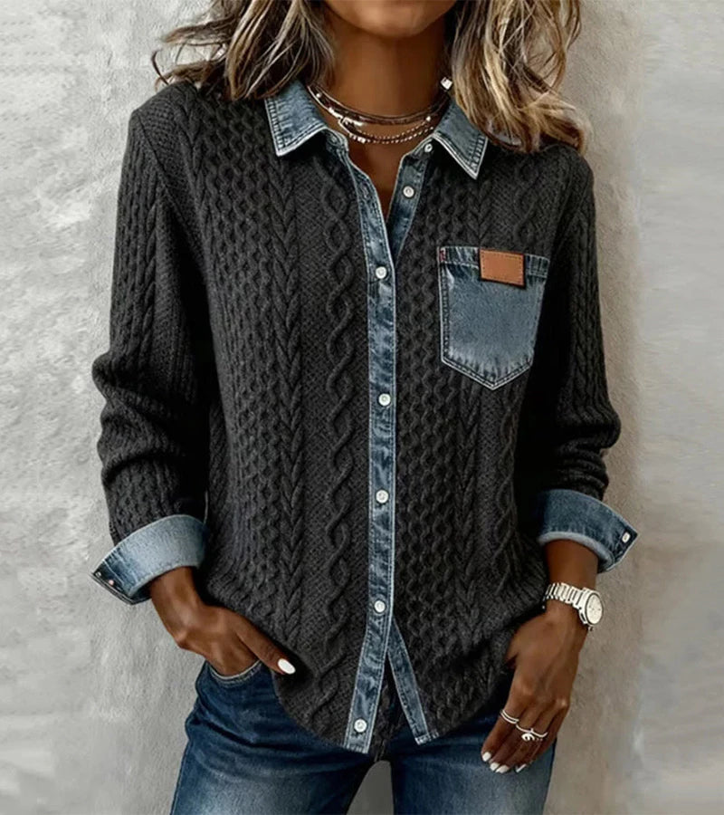 Bibianna - Cămașă Cu Mâneci Lungi și Patchwork Din Denim