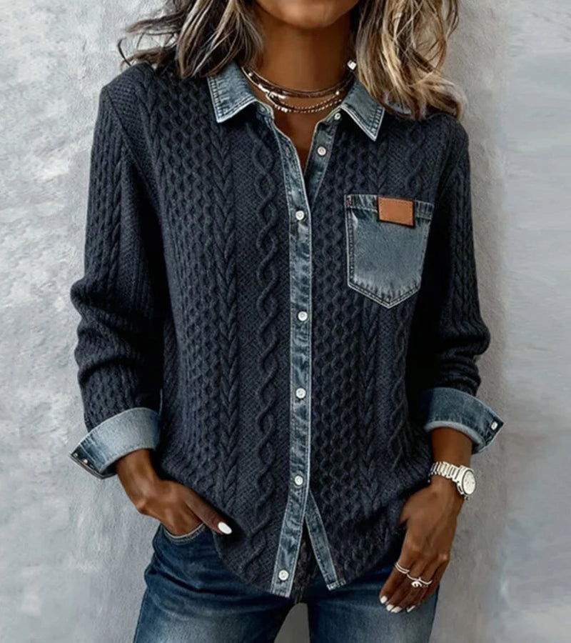 Bibianna - Cămașă Cu Mâneci Lungi și Patchwork Din Denim