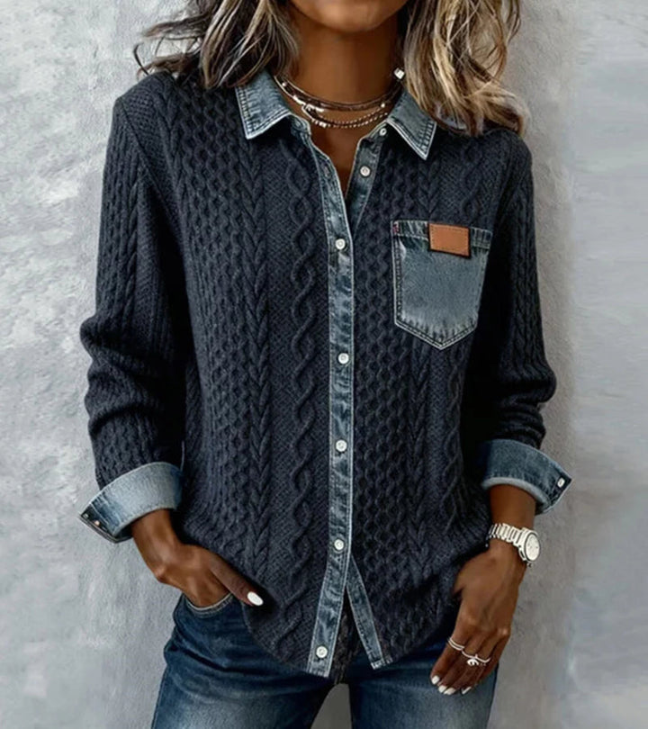 Bibianna - Cămașă Cu Mâneci Lungi și Patchwork Din Denim