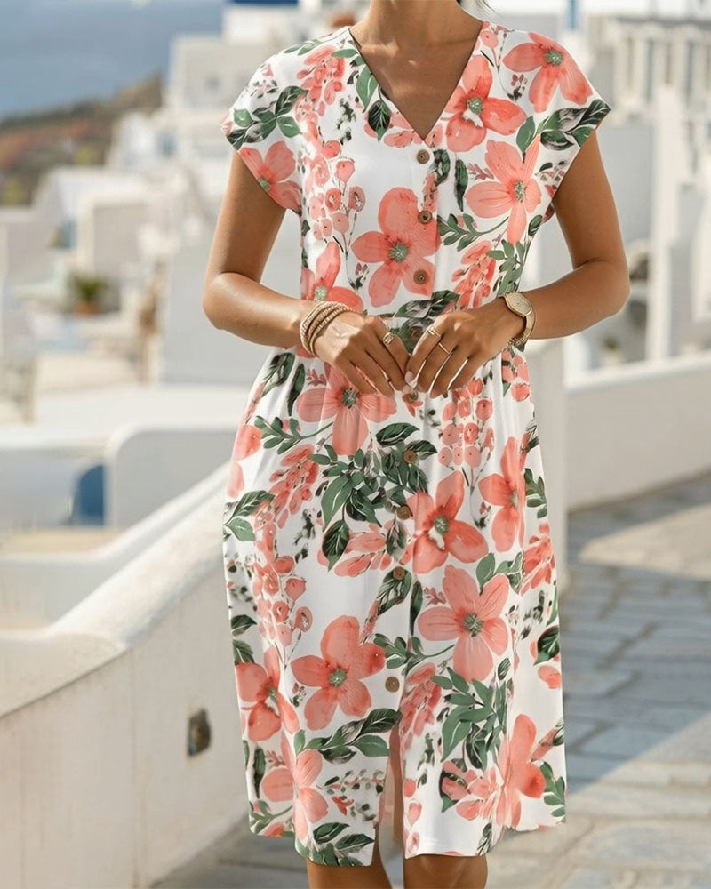 Sinera - Rochie Cu Imprimeu Floral și Mâneci Scurte