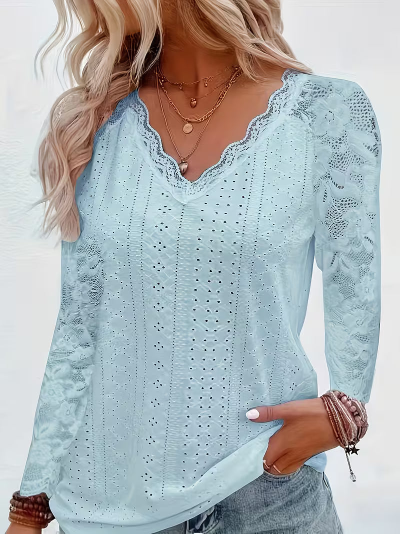 Shaleva - Cămașă Elegantă cu Mâneci Lungi și Decolteu în V Din Dantelă