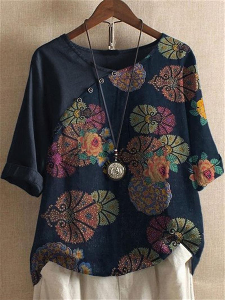 Adoria - Bluză Cu Imprimeu Floral Boho și Nasturi