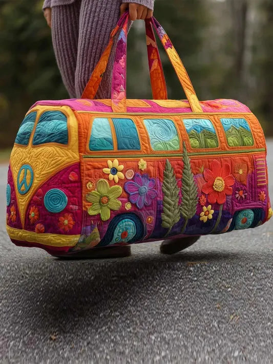 RetroBloom - Geantă de Călătorie Matlasată cu Imprimeu Vintage de Rulotă