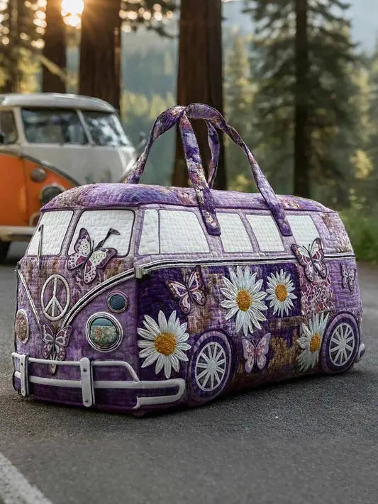 RetroBloom - Geantă de Călătorie Matlasată cu Imprimeu Vintage de Rulotă