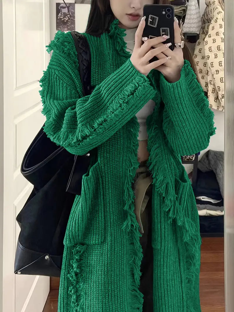 Ramziya - Elegant Lung Ciucure Cardigan Cu Buzunar