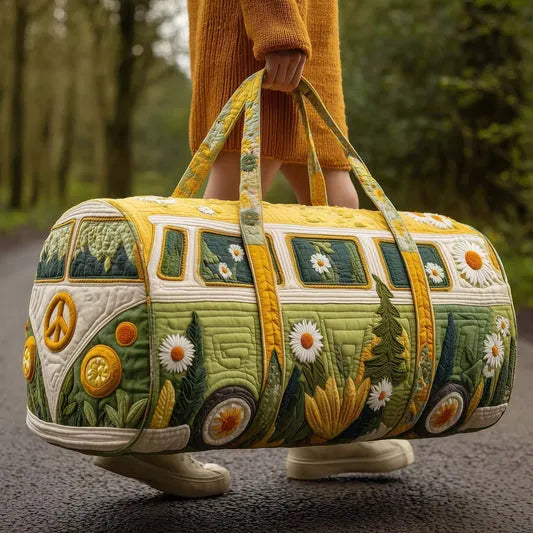 RetroBloom - Geantă de Călătorie Matlasată cu Imprimeu Vintage de Rulotă