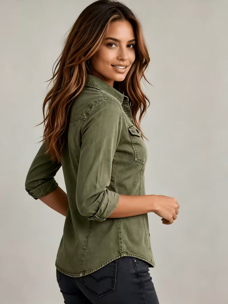 Rihana - Bluză Din Denim Vintage cu Guler Strâns la Gât