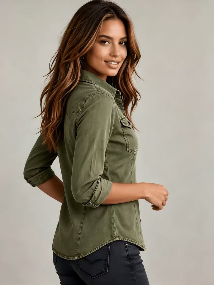 Rihana - Bluză Din Denim Vintage cu Guler Strâns la Gât