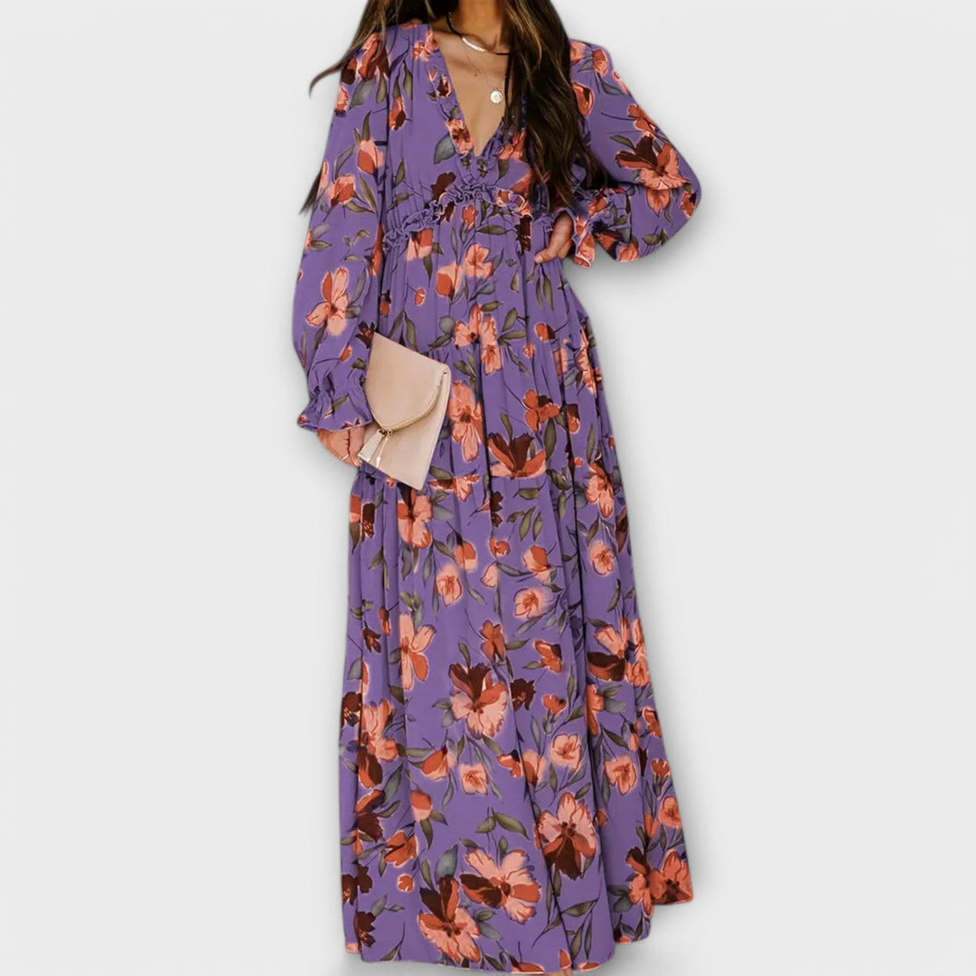 Lukrecija - Rochie lungă cu Imprimeu Floral și Decolteu în V