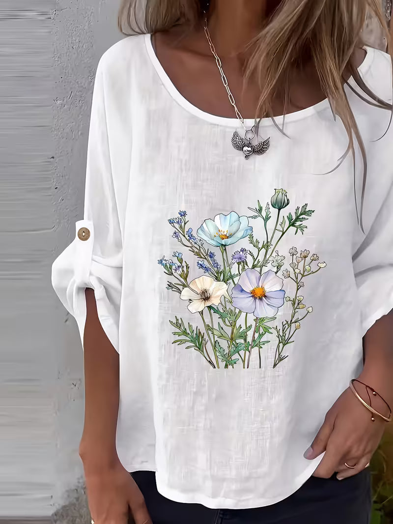 Sheril – Bluză Largă cu Mâneci cu Bandă de Rulare și Imprimeu Floral