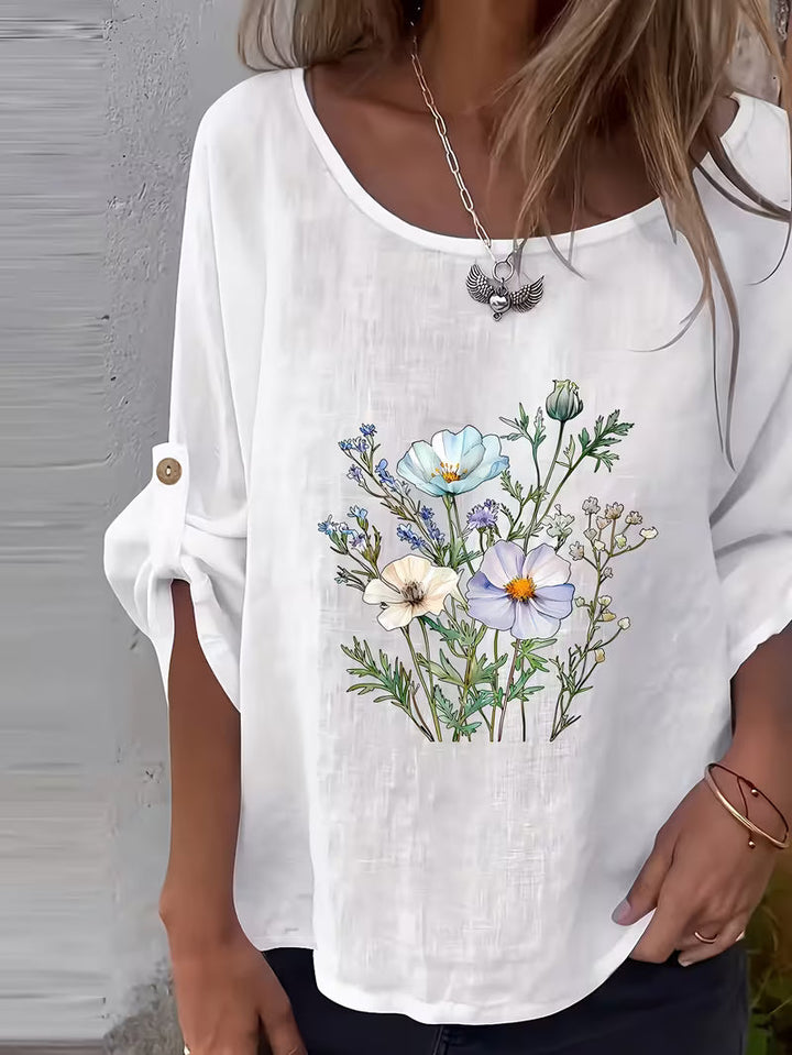 Sheril – Bluză Largă cu Mâneci cu Bandă de Rulare și Imprimeu Floral
