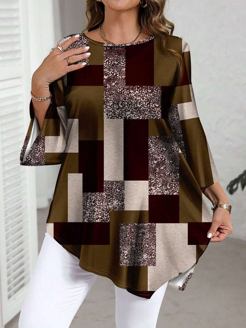 Nurit - Bluză Oversized cu Imprimeu în Carouri și Mâneci Scurte