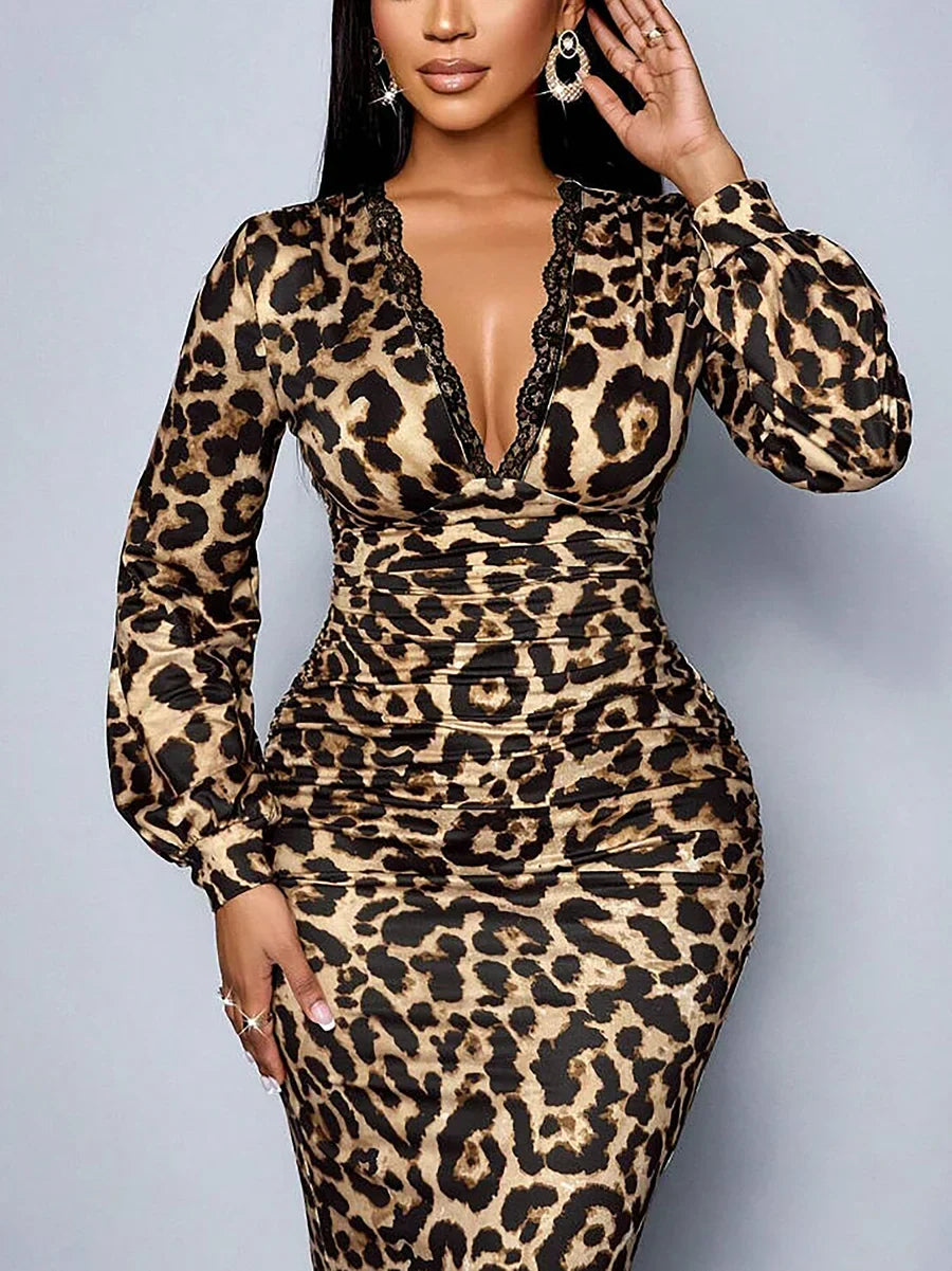Ysobel - Rochie midi din Dantelă cu Imprimeu Leopard și Decolteu în V