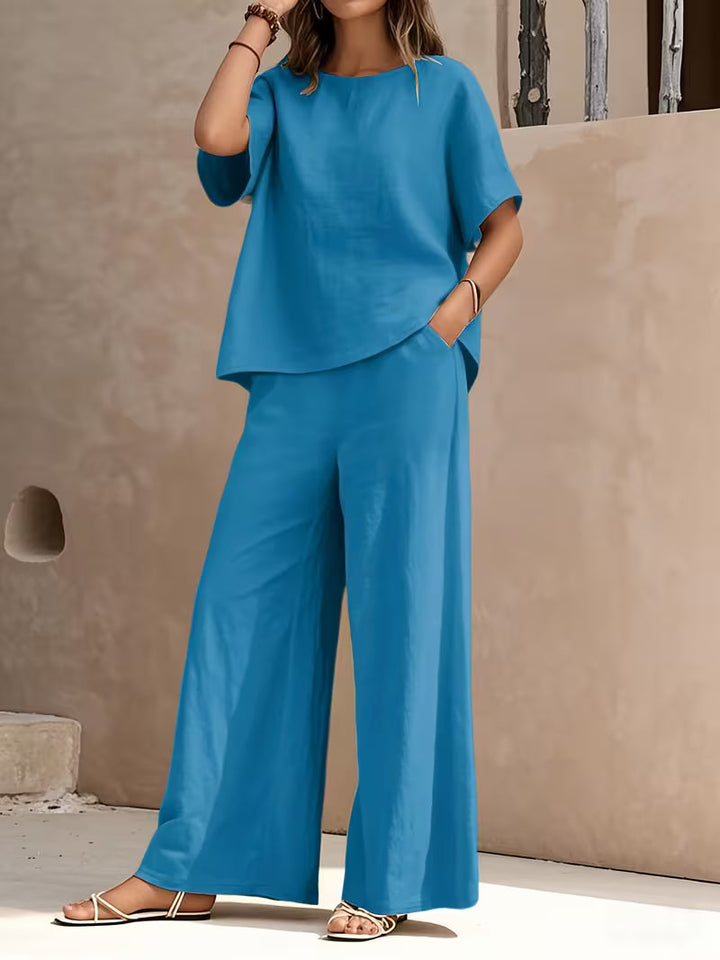 Josy - Set Compus Din Bluză cu Mâneci Scurte și Pantaloni cu Croi Larg