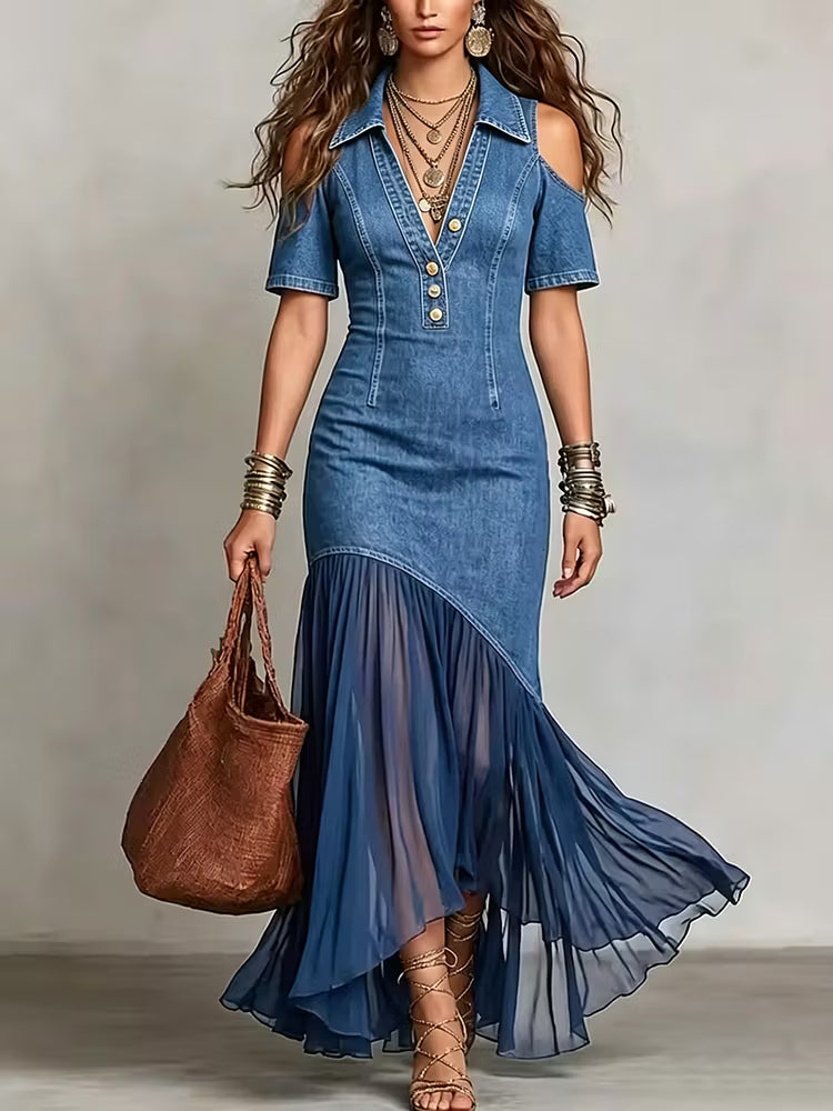 Presley - Rochie Maxi Din Denim cu Nasturi