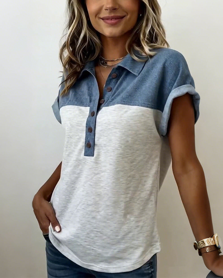 Myleena - Tricou Patchwork Cu Guler Răsfrânt