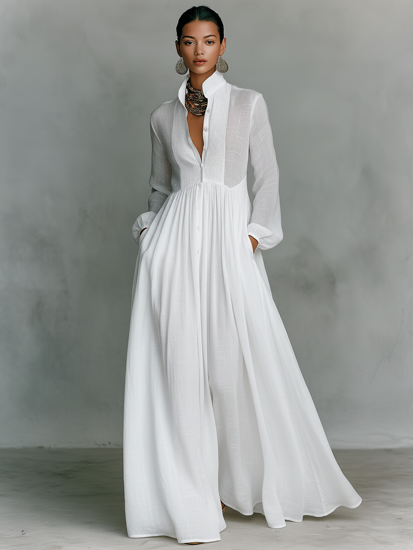 Naylia - Rochie Maxi cu Guler înalt și Mâneci Lungi