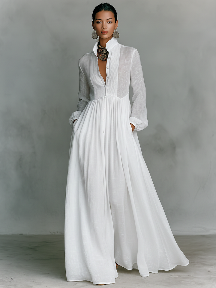 Naylia - Rochie Maxi cu Guler înalt și Mâneci Lungi