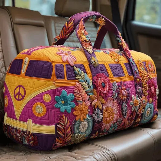 RetroBloom - Geantă de Călătorie Matlasată cu Imprimeu Vintage de Rulotă