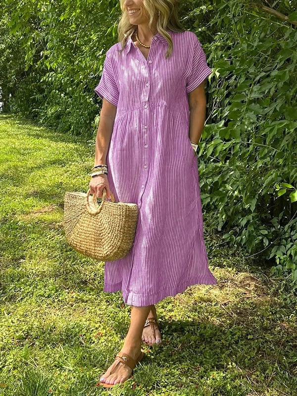 Alory – Rochie Midi Confortabilă Cu Dungi Si Nasturi