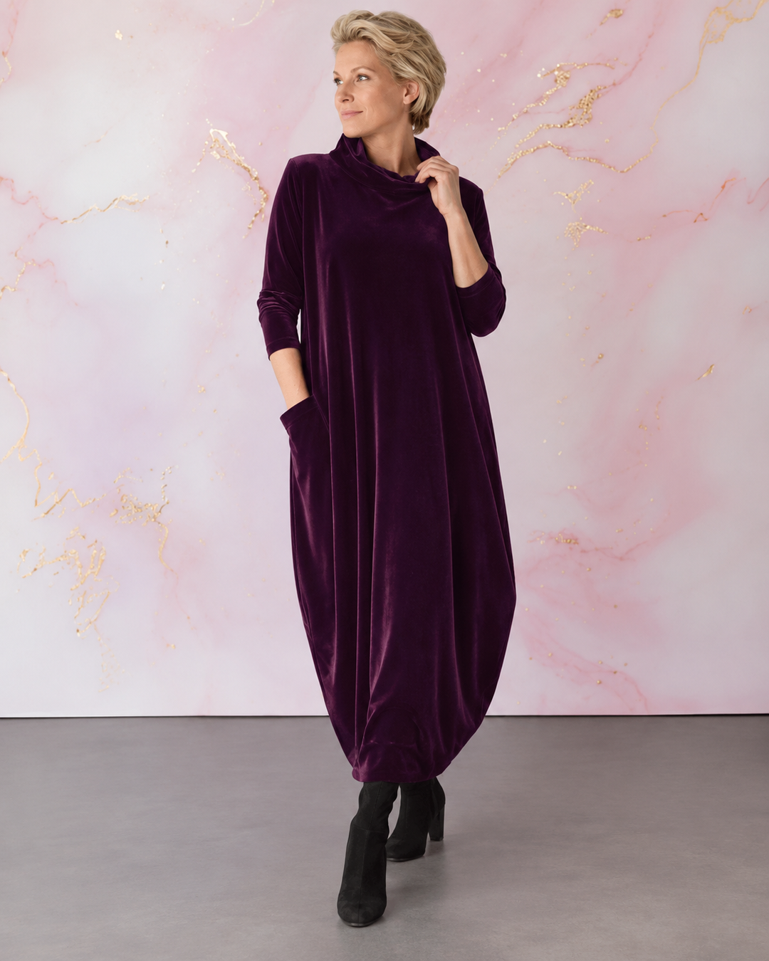 Lellina – Rochie Maxi Din Catifea, Cu Guler Înalt Și Croială Lejeră
