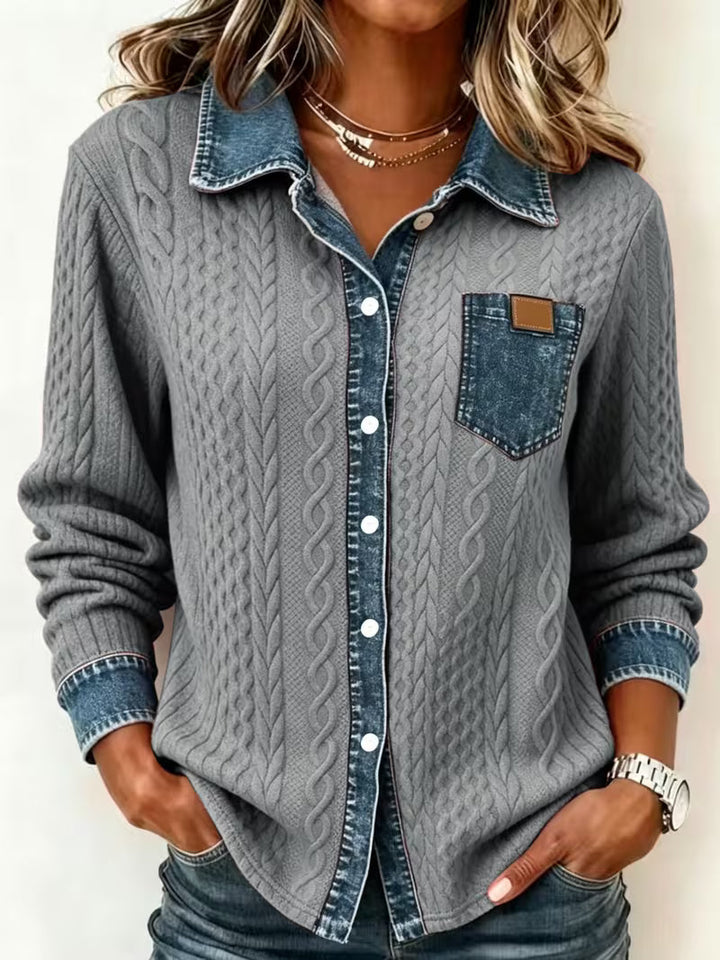 Eryna – Tricou cu Mâneci Lungi cu Model împletit în Formă de Cablu și Guler Din Denim