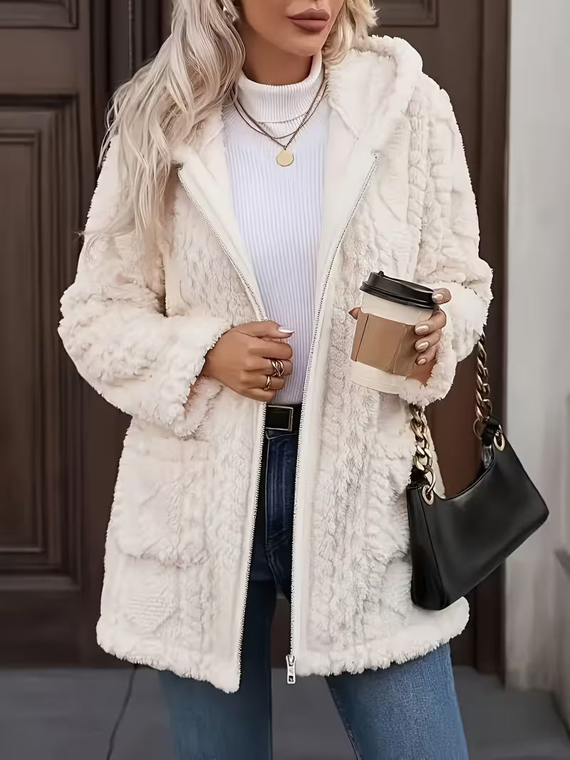 Elima – Cardigan Cu Glugă, Din Pluș, Cu Fermoar, PE Ambele Părți