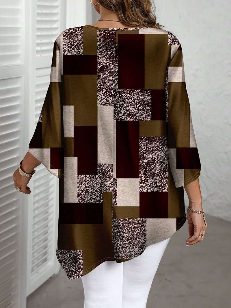 Nurit - Bluză Oversized cu Imprimeu în Carouri și Mâneci Scurte