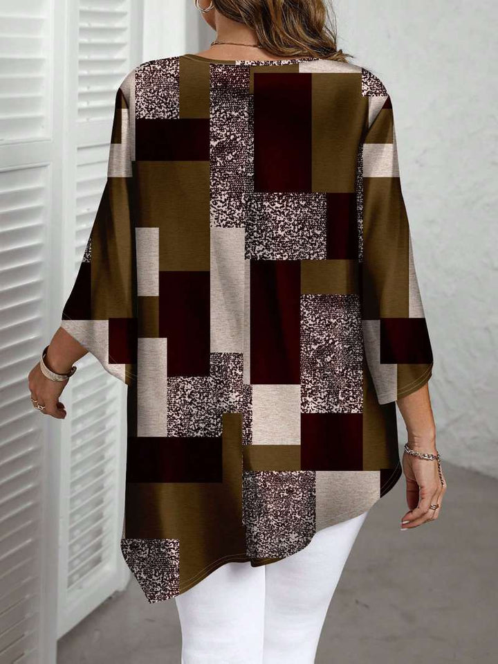Nurit - Bluză Oversized cu Imprimeu în Carouri și Mâneci Scurte