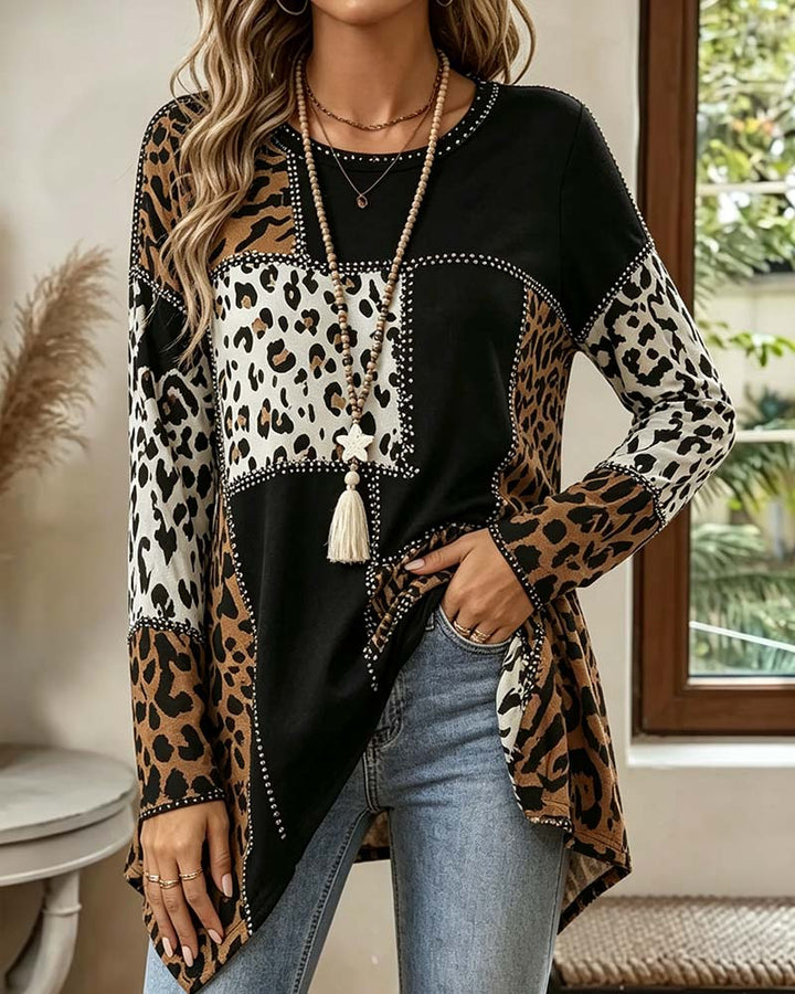 Niriza – Bluză Cu Imprimeu Leopard Asimetric, În Stil Patchwork