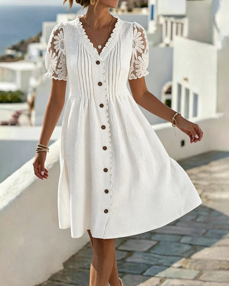 Deneke – Rochie cu Mâneci Balon și Dantelă patchwork