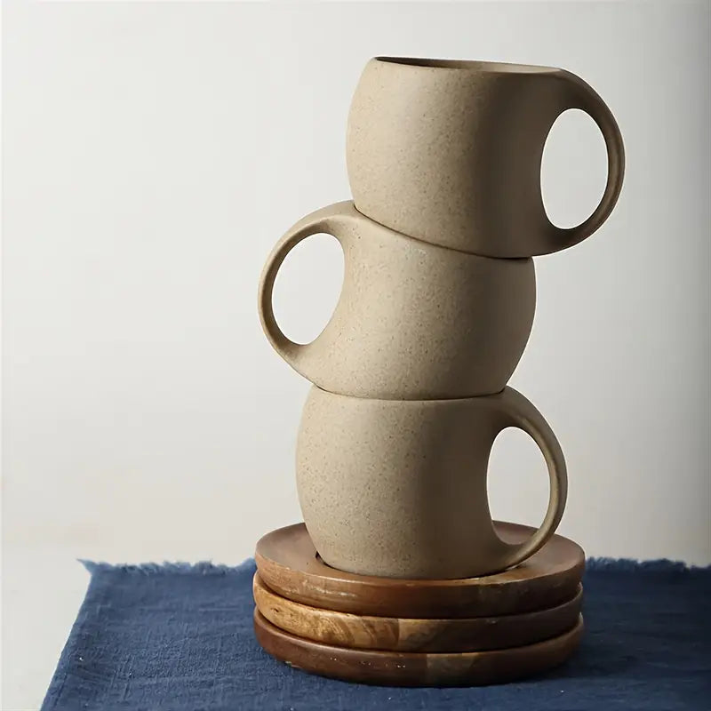 ClayHaven - Cană De Cafea Din Ceramică Cu Farfurie Din Lemn