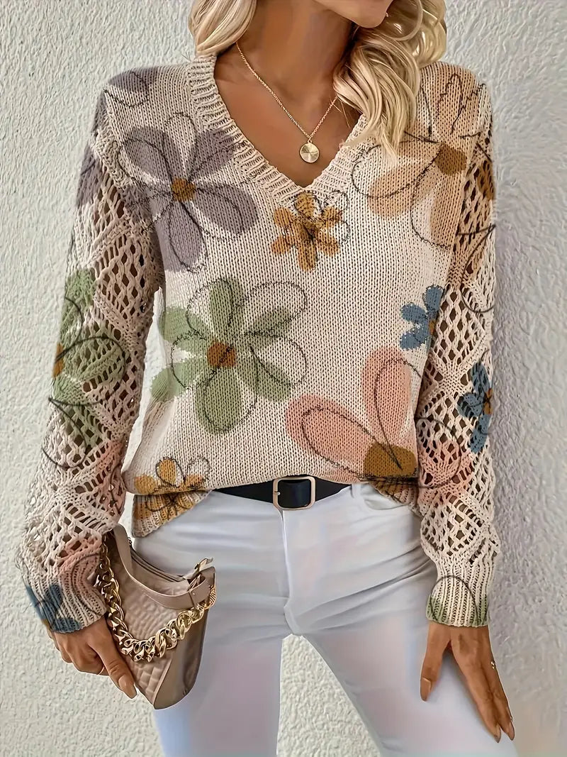 Marzena - Pulover Elegant Cu Mâneci Lungi și Imprimeu Floral