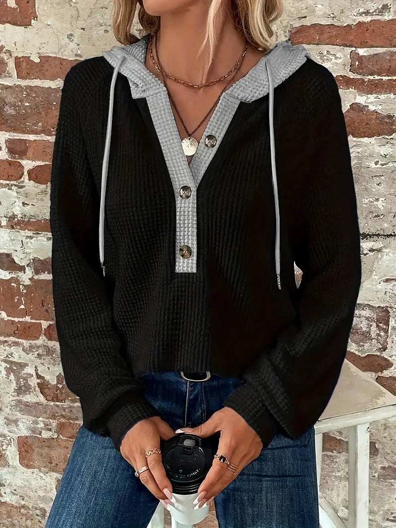 Snezhana - Hanorac Cu Mâneci Lungi Nasturi în Față și Glugă Cu șnur