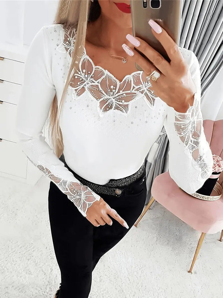 Nizara - Bluză Elegantă cu Decolteu în V și Dantelă