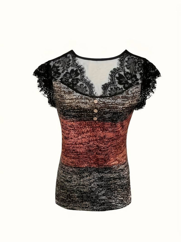 Sydona - Tricou Casual Cu Guler Din Dantelă Și Mâneci Scurte