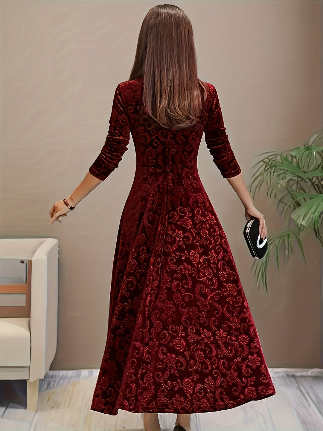 Otsuru - Rochie Elegantă Din Catifea cu Mâneci Lungi
