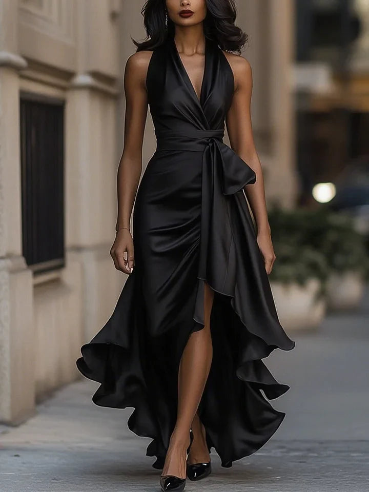 Sharipova - Rochie Elegantă Din Satin Fără Bretele Cu Volane