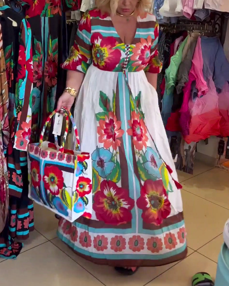 Nerijaa - Rochie Cu Imprimeu Floral și Decolteu Adânc în V